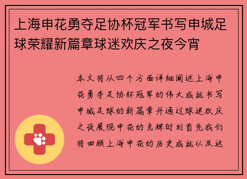 上海申花勇夺足协杯冠军书写申城足球荣耀新篇章球迷欢庆之夜今宵