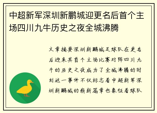 中超新军深圳新鹏城迎更名后首个主场四川九牛历史之夜全城沸腾