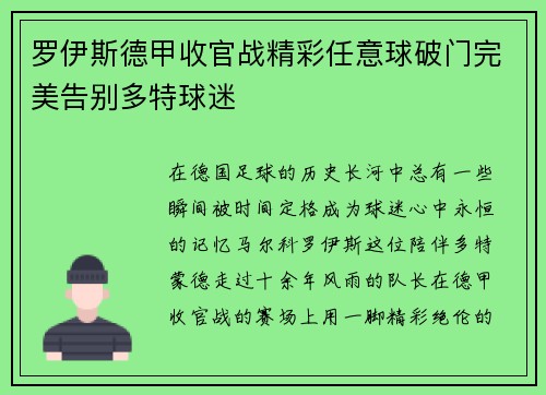 罗伊斯德甲收官战精彩任意球破门完美告别多特球迷